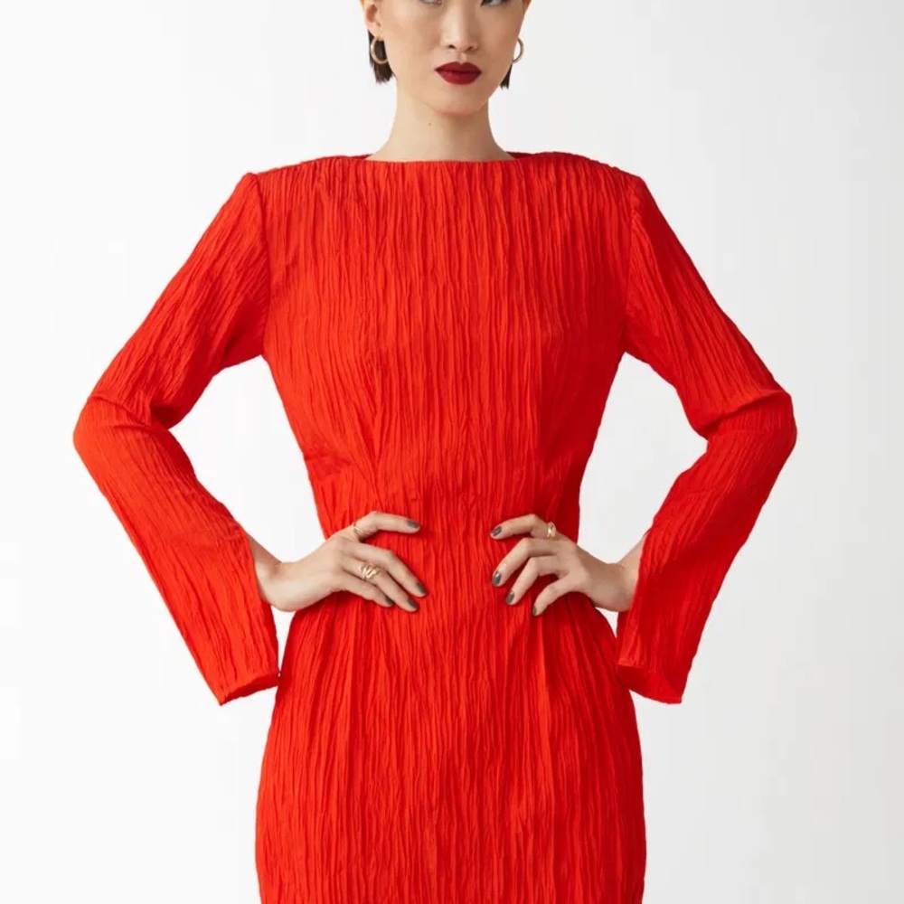 & Other Stories Women’s Bright Red Pleated Bell Sleeve Dress